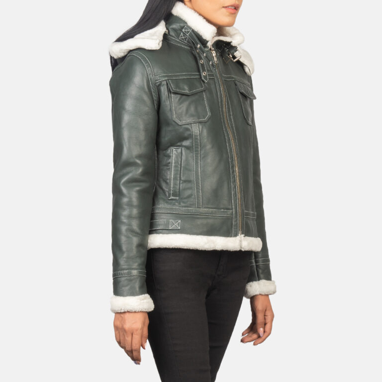 Womens Fiona Green Hooded Shearling Leather Jacket Open Front-4-1652195488038